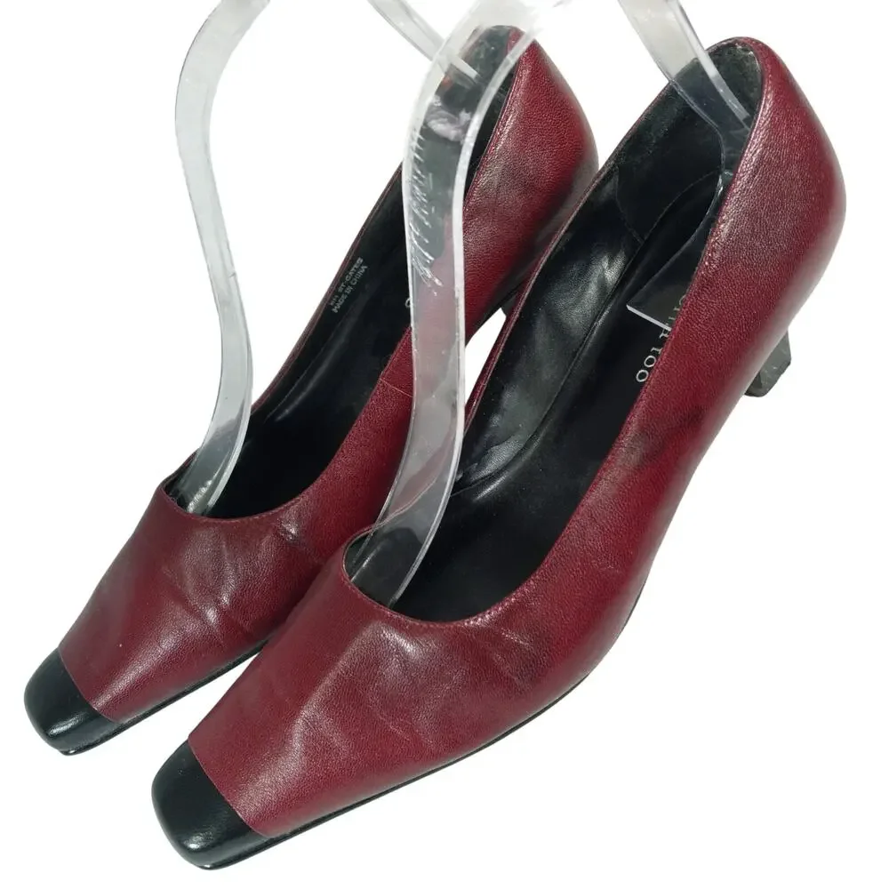 SACHA TOO! BURGUNDY & BLACK GENUINE LEATHER NIP TOE MODIFIED KITTEN HEELS! SZ 8M